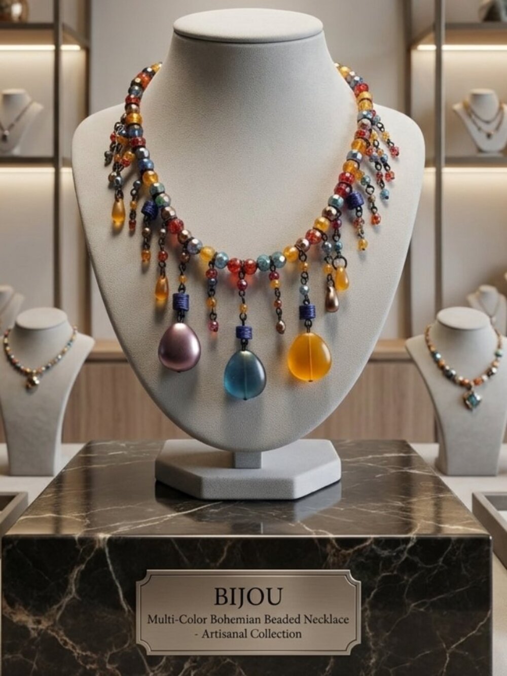 Bijou Multi Color Bohemian Beaded Fringe Necklace Teardrop Charms Vintage Style